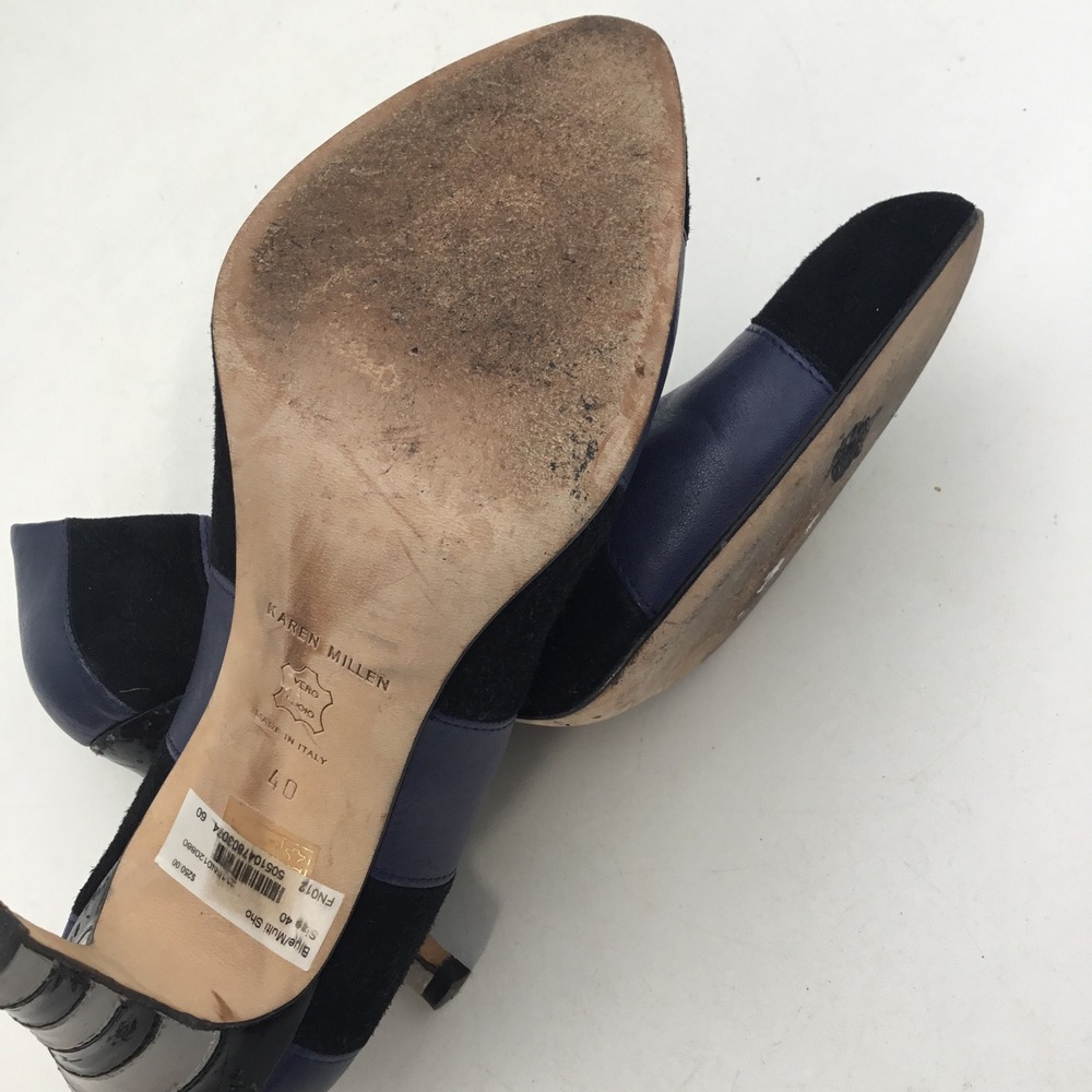 Karen Millen Navy Black Colorblock Suede Leather Striped Heel Pumps Italy 40 - Picture 7 of 8